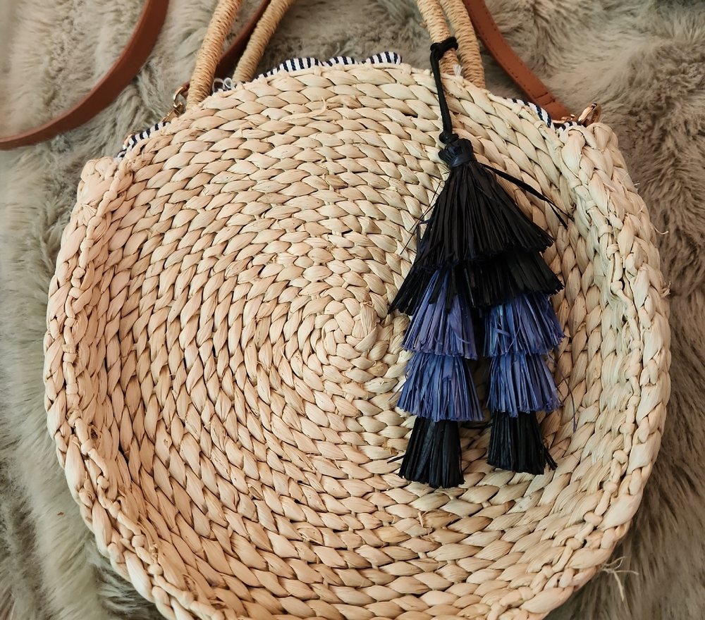 Nordstrom Cream Woven Bag with Black and Blue Tassels